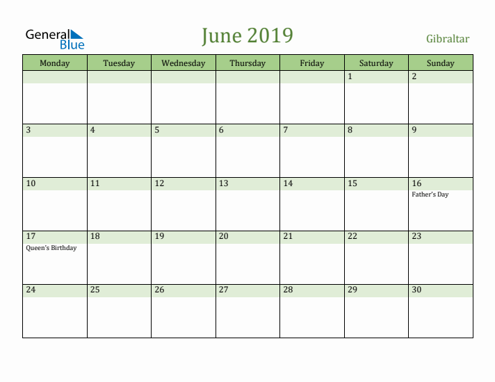 June 2019 Calendar with Gibraltar Holidays