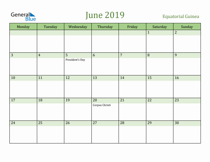 June 2019 Calendar with Equatorial Guinea Holidays