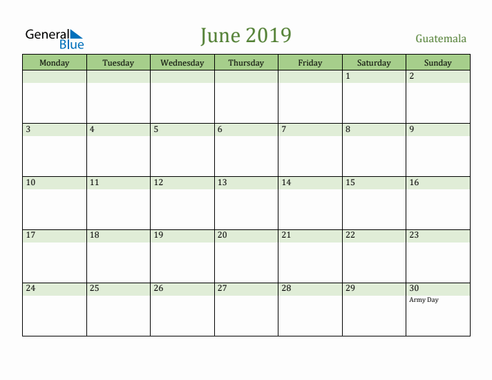 June 2019 Calendar with Guatemala Holidays