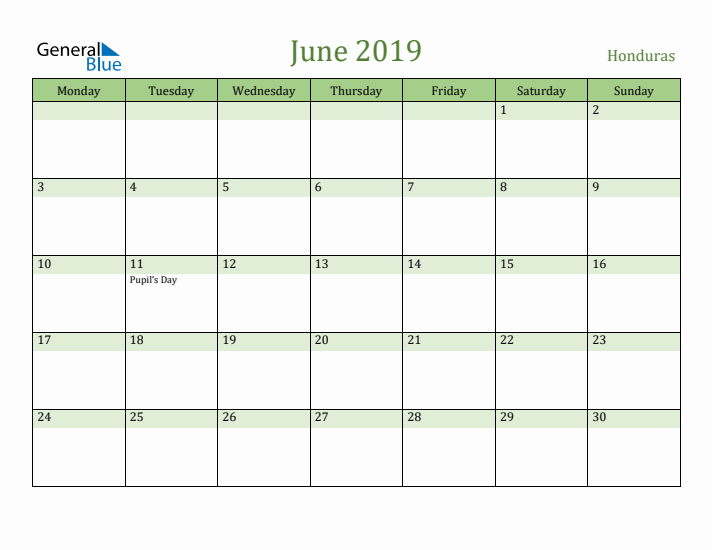 June 2019 Calendar with Honduras Holidays
