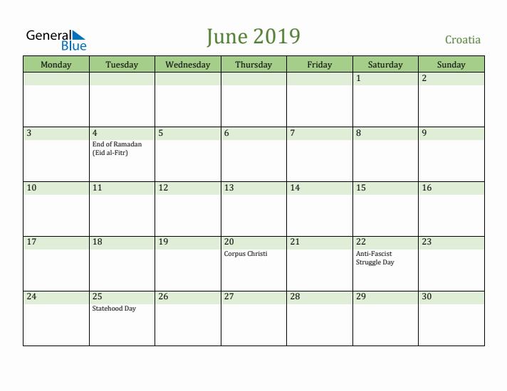 June 2019 Calendar with Croatia Holidays