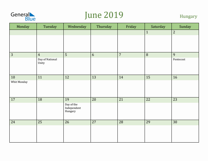 June 2019 Calendar with Hungary Holidays