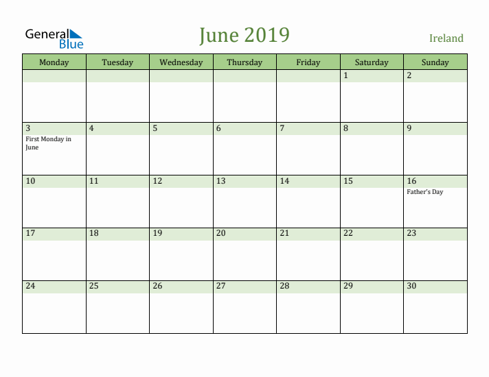 June 2019 Calendar with Ireland Holidays