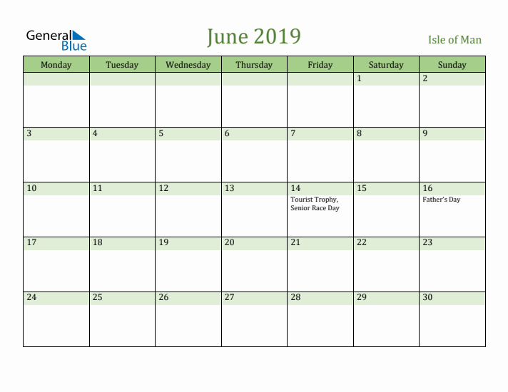 June 2019 Calendar with Isle of Man Holidays