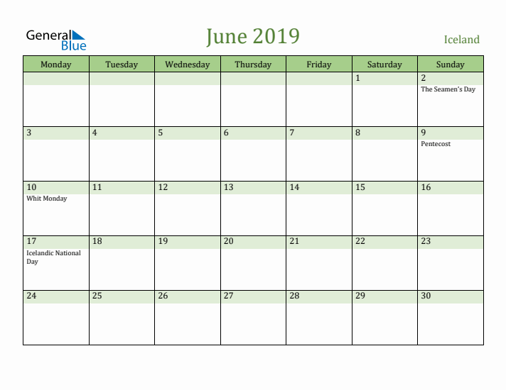 June 2019 Calendar with Iceland Holidays