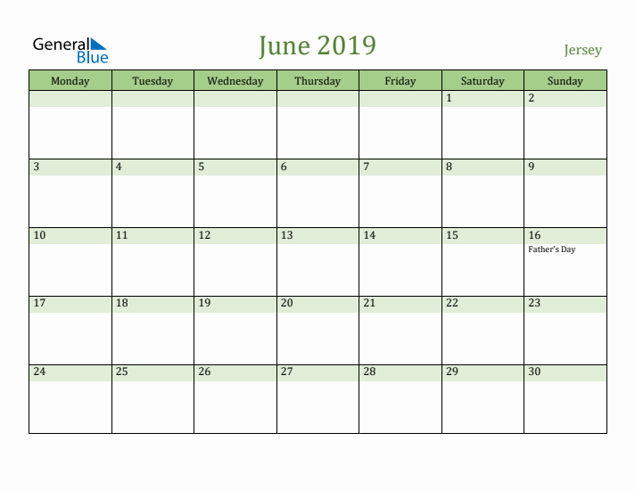 June 2019 Calendar with Jersey Holidays