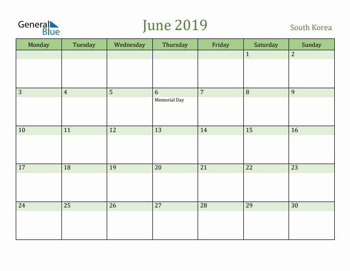 June 2019 Calendar with South Korea Holidays