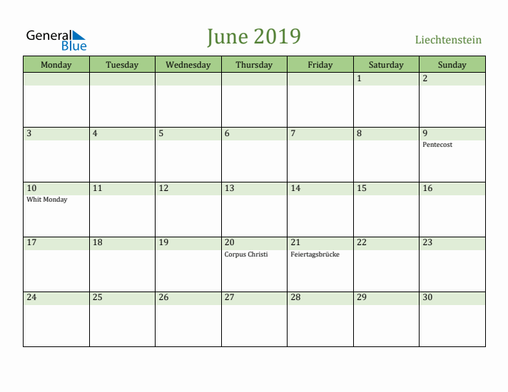 June 2019 Calendar with Liechtenstein Holidays