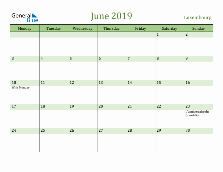 June 2019 Calendar with Luxembourg Holidays