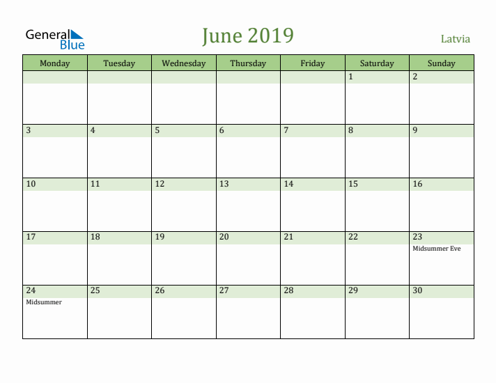 June 2019 Calendar with Latvia Holidays
