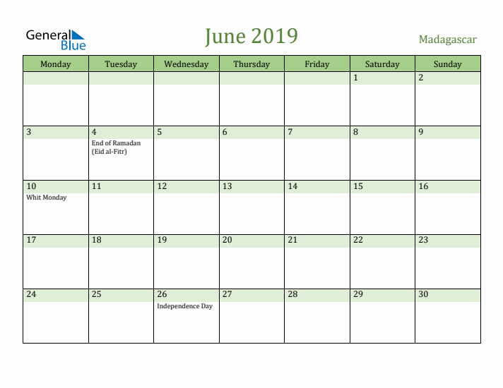 June 2019 Calendar with Madagascar Holidays