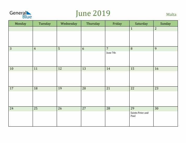 June 2019 Calendar with Malta Holidays