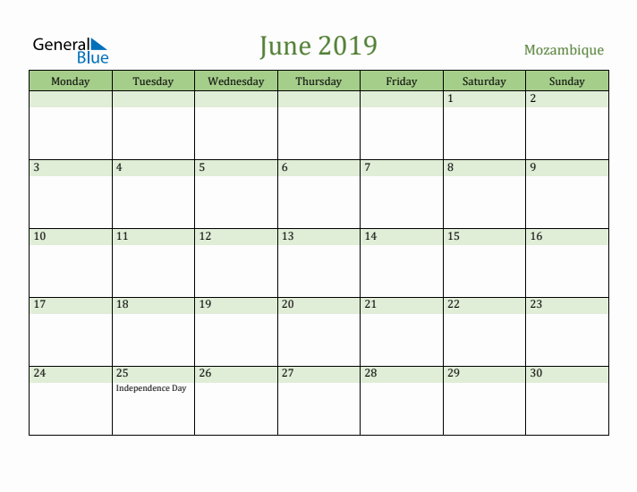 June 2019 Calendar with Mozambique Holidays