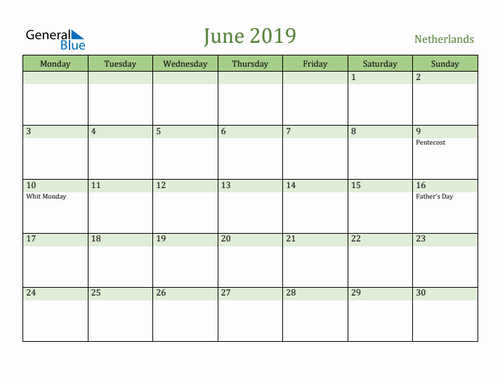June 2019 Calendar with The Netherlands Holidays