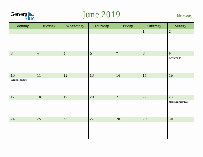 June 2019 Calendar with Norway Holidays