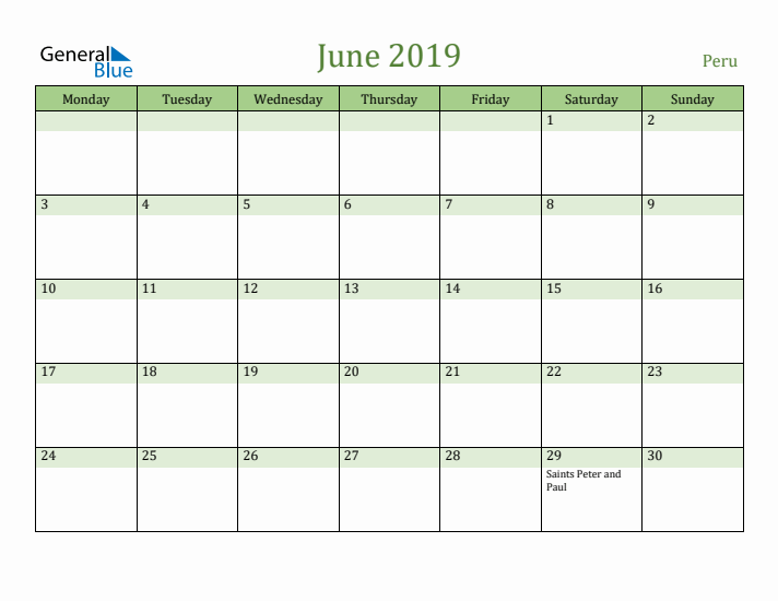 June 2019 Calendar with Peru Holidays