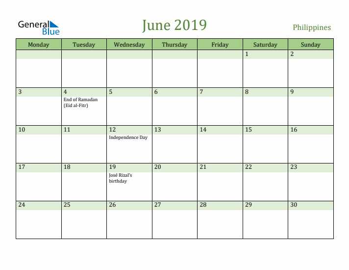 June 2019 Calendar with Philippines Holidays