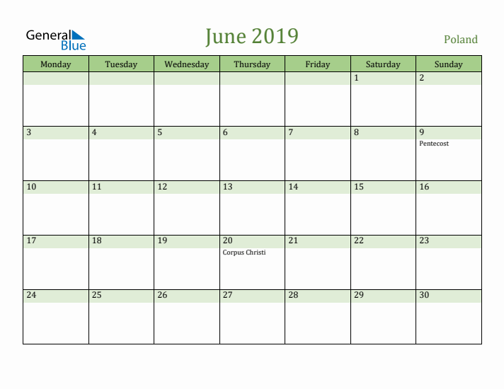 June 2019 Calendar with Poland Holidays