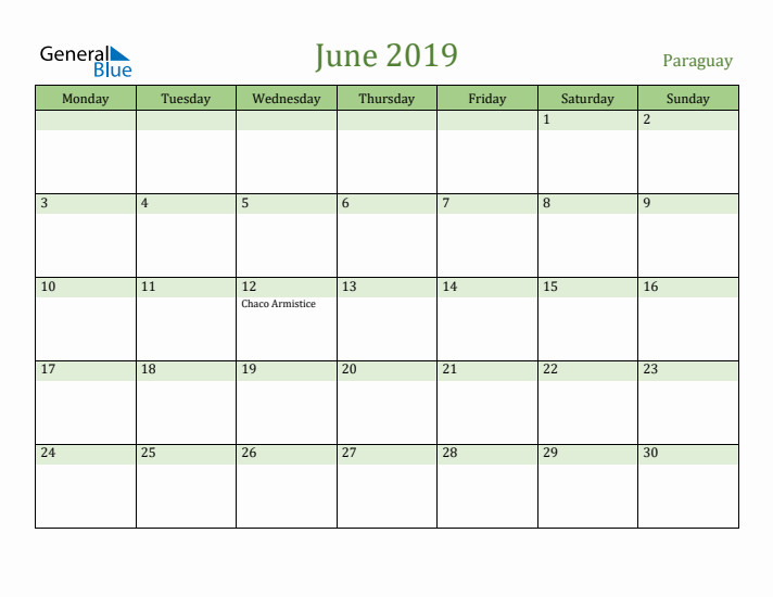 June 2019 Calendar with Paraguay Holidays
