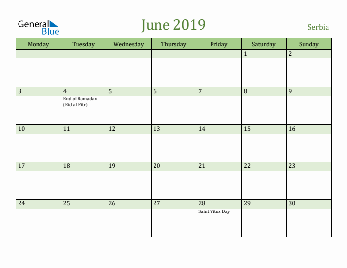 June 2019 Calendar with Serbia Holidays