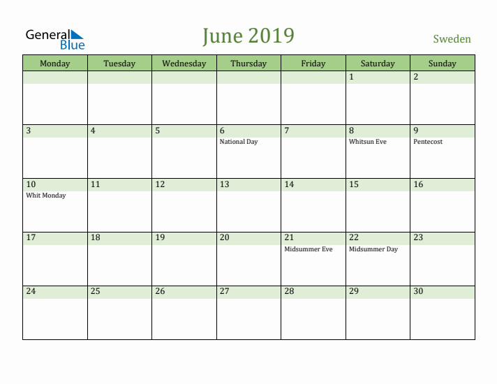 June 2019 Calendar with Sweden Holidays