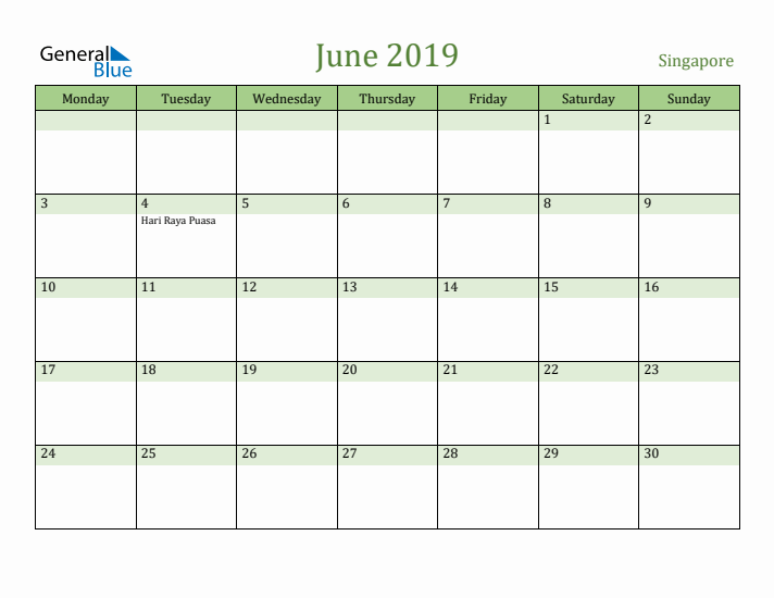 June 2019 Calendar with Singapore Holidays