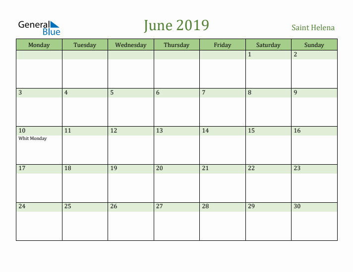 June 2019 Calendar with Saint Helena Holidays