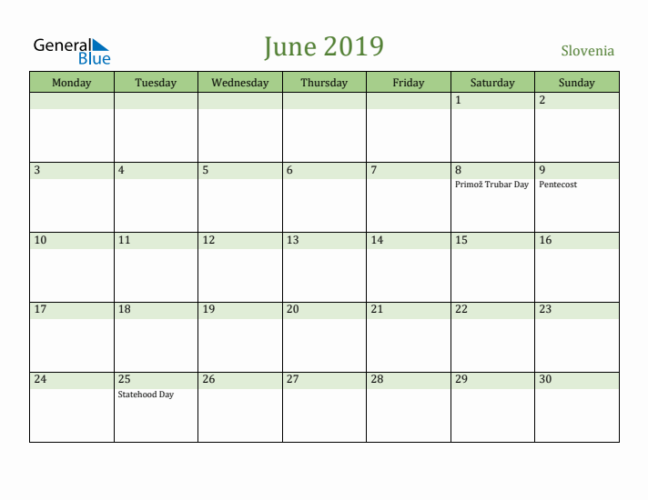 June 2019 Calendar with Slovenia Holidays