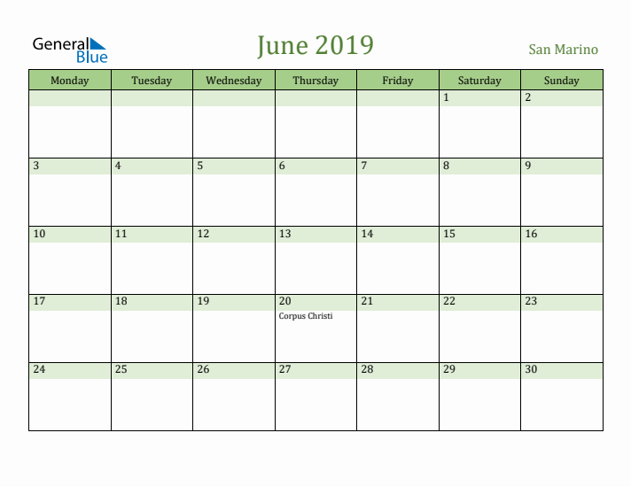 June 2019 Calendar with San Marino Holidays