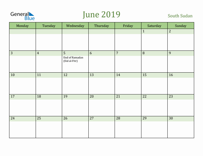 June 2019 Calendar with South Sudan Holidays