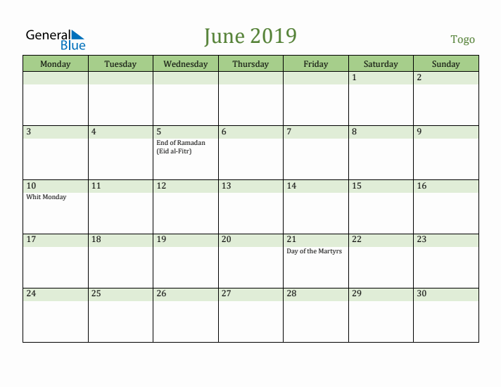 June 2019 Calendar with Togo Holidays