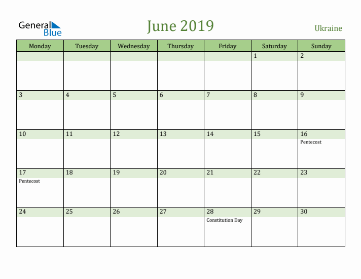 June 2019 Calendar with Ukraine Holidays