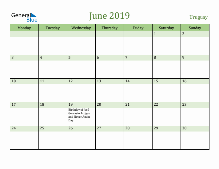 June 2019 Calendar with Uruguay Holidays