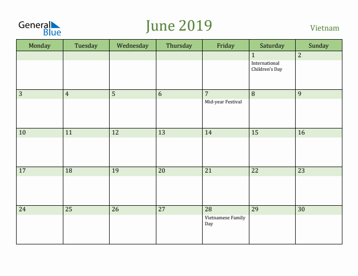 June 2019 Calendar with Vietnam Holidays