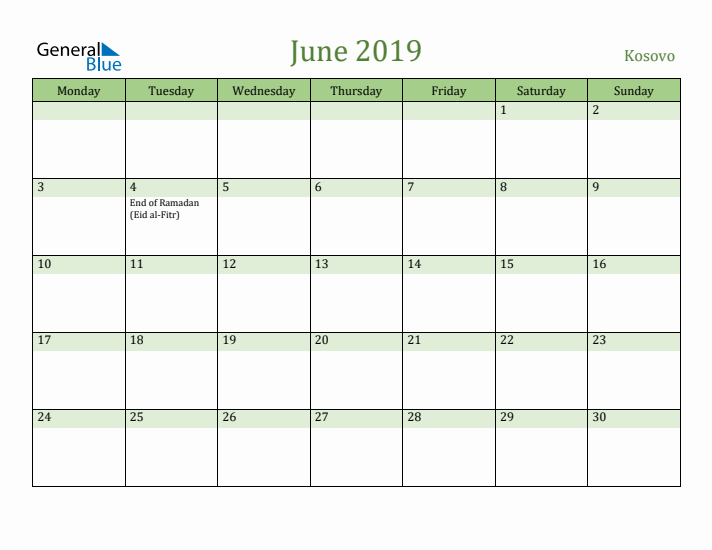 June 2019 Calendar with Kosovo Holidays