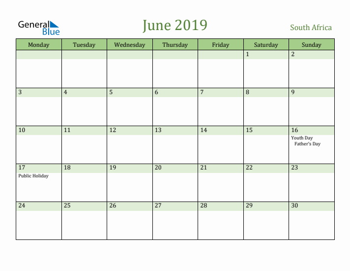 June 2019 Calendar with South Africa Holidays
