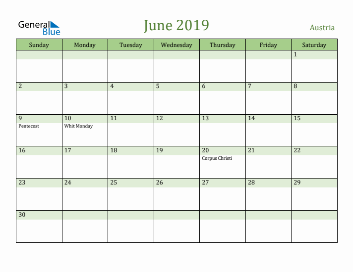 June 2019 Calendar with Austria Holidays