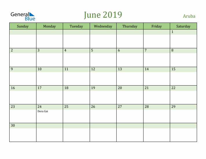 June 2019 Calendar with Aruba Holidays