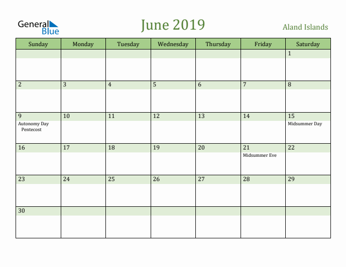June 2019 Calendar with Aland Islands Holidays