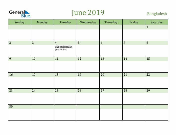June 2019 Calendar with Bangladesh Holidays