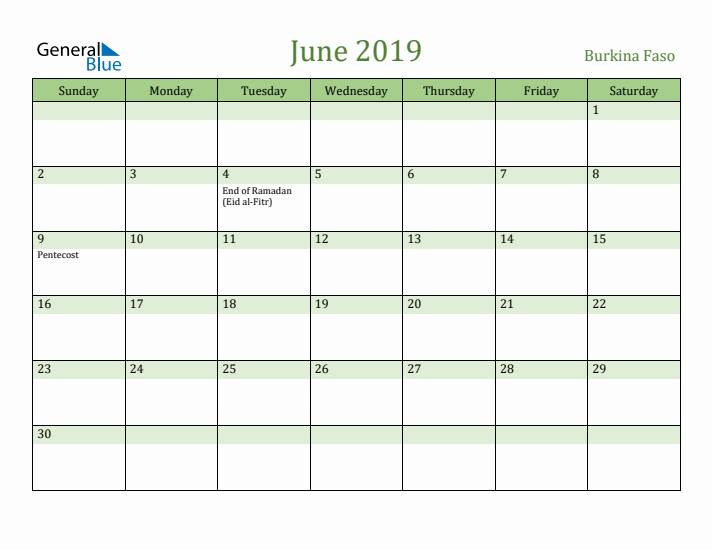 June 2019 Calendar with Burkina Faso Holidays