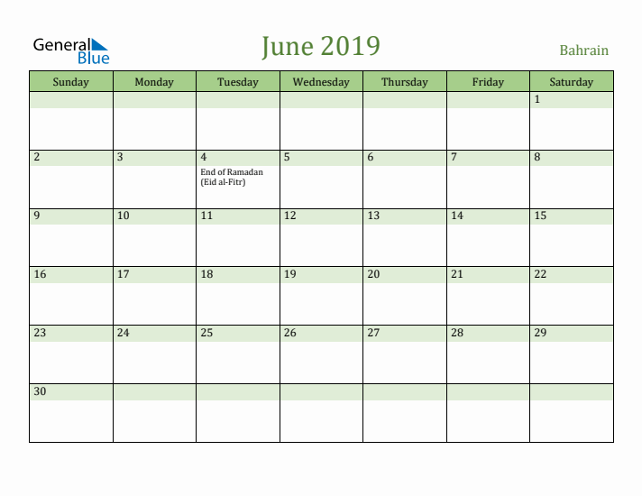 June 2019 Calendar with Bahrain Holidays