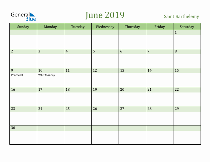 June 2019 Calendar with Saint Barthelemy Holidays