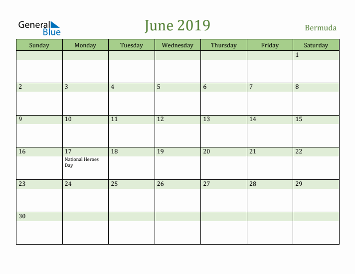 June 2019 Calendar with Bermuda Holidays