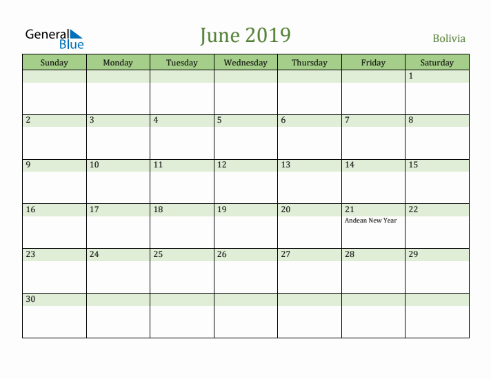 June 2019 Calendar with Bolivia Holidays