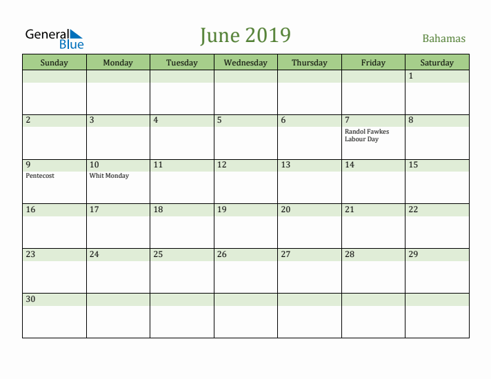 June 2019 Calendar with Bahamas Holidays