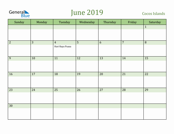 June 2019 Calendar with Cocos Islands Holidays