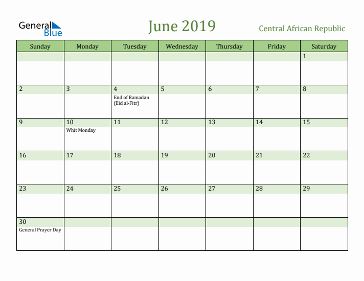 June 2019 Calendar with Central African Republic Holidays