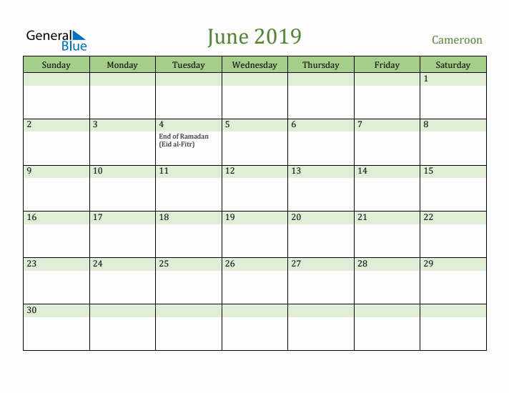 June 2019 Calendar with Cameroon Holidays