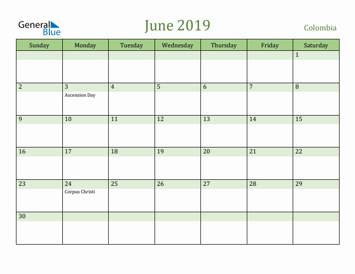 June 2019 Calendar with Colombia Holidays